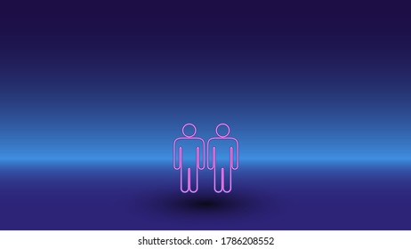 Neon man with man symbol on a gradient blue background. The isolated symbol is located in the bottom center. Gradient blue with light blue skyline