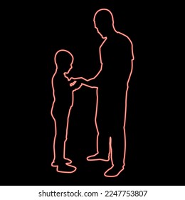 Neon man transmits thing to boy Father Male give book gadget smartphone son children take something Dad relationship Family concept Child friendship toddler daddy red color vector illustration image