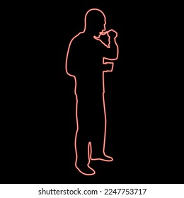 Neon man trying food from spoon standing Tasting concept Gourmet tries dish Chef trying red color vector illustration image flat style light