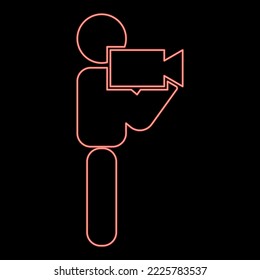 Neon man with video camera stick red color vector illustration image flat style light