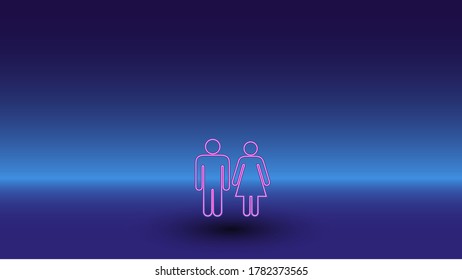 Neon man with woman symbol on a gradient blue background. The isolated symbol is located in the bottom center. Gradient blue with light blue skyline