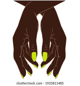  Neon manicure on afro american girl.Two hands.  Manicure symbol.  Vector eps10,  Template for beauty salon, poster, logo, cards and social media stickers design. 