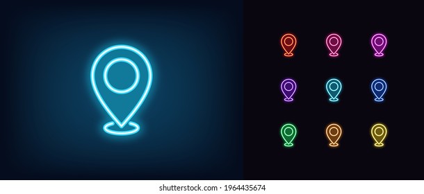 Neon Map Pin Icon. Glowing Neon Marker Sign, Outline Pointer Pictogram In Vivid Color. Navigation Mark, Destination Point, Location Marker, Address Place. Vector Icon Set, Sign, Symbol For UI