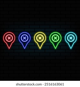 Neon map pin icon. Glowing neon marker sign. neon glowing Location pin, GPS navigator geotag locator mark of map, futuristic technology.