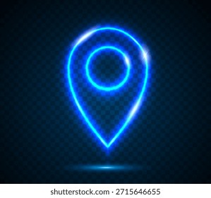 Neon map pin on a transparent dark blue background. A glowing neon marker with a contour pointer map pin. Vector EPS 10.