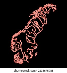 Neonkarte von Skandinavien rote Vektorgrafik Bild flach Stil Licht