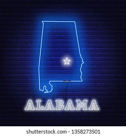 Neon map State of Alabama on a brick wall background.