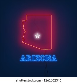 Neon map State of Arizona on dark background.