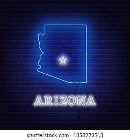 Neon map State of Arizona on on a brick wall background.