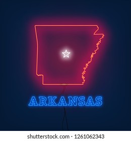 Neon map State of Arkansas on dark background.