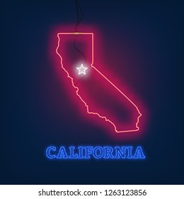 Neon map State of California on dark background.
