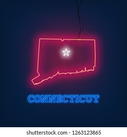 Neon map State of Connecticut on dark background.