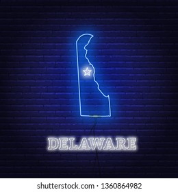 Neon map State of Delaware on a brick wall background.