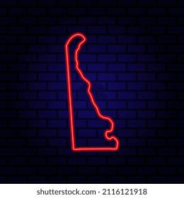 Neon map State of Delaware on brick wall background.
