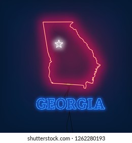 Neon map State of Georgia on dark background.