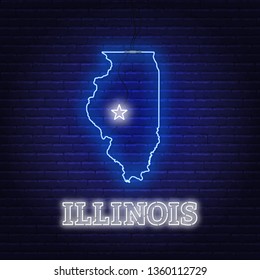 Neon map State of Illinois on a brick wall background.