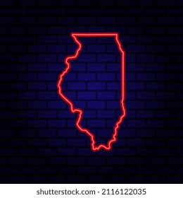 Neon map State of Illinois on brick wall background.