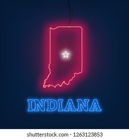 Neon map State of Indiana on dark background.