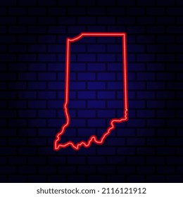 Neon map State of Indiana on brick wall background.