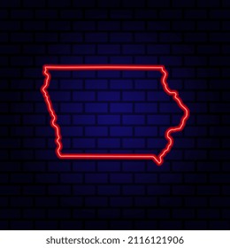 Mapa neón Estado de Iowa sobre fondo de pared de ladrillo.