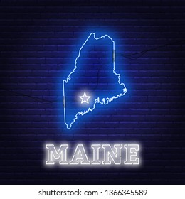 Neon map State of Maine on a brick wall background.