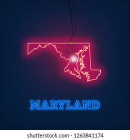 Neon map State of Maryland on dark background.