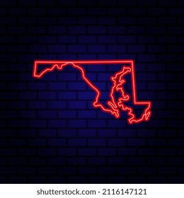 Neon map State of Maryland on brick wall background.