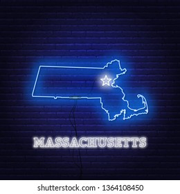 Neon map State of Massachusetts on a brick wall background.