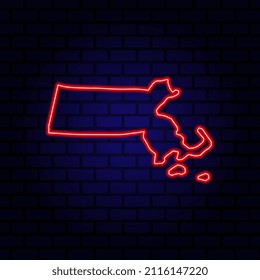 Neon map State of Massachusetts on brick wall background.