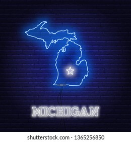 Neon map State of Michigan on a brick wall background.
