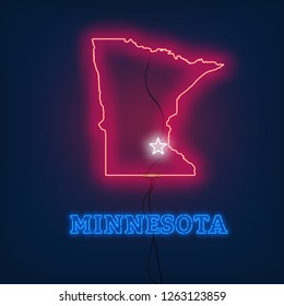 Neon map State of Minnesota on dark background.