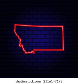 Neon map State of Montana on brick wall background.