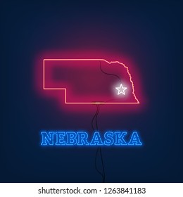 Neon map State of Nebraska on dark background.