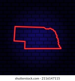 Neon map State of Nebraska on brick wall background.