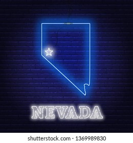 Neon map State of Nevada on a brick wall background.