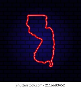 Neon map State of New Jersey on brick wall background.