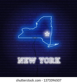 Neon map State of New York on a brick wall background.