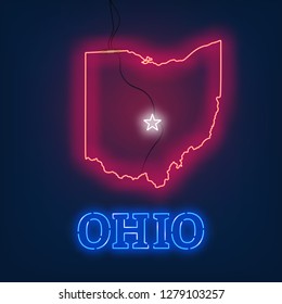 Neon map State of Ohio on dark background.