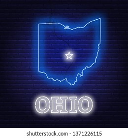 Neon map State of Ohio on a brick wall background.