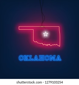 Neon map State of Oklahoma on dark background.