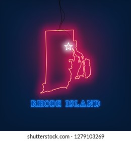 Neon map State of Rhode Island on dark background.