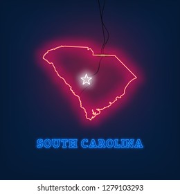 Neon map State of South Carolina on dark background.