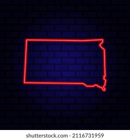 Neon map State of South Dakota on brick wall background.