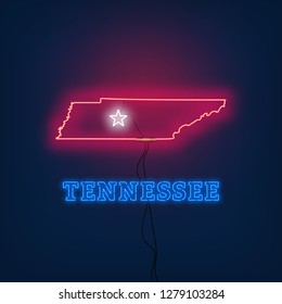 Neon map State of Tennessee on dark background.