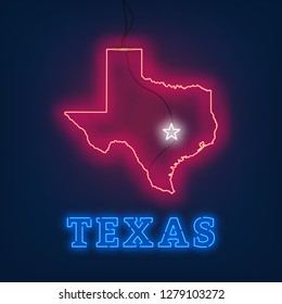 Neon map State of Texas on dark background.