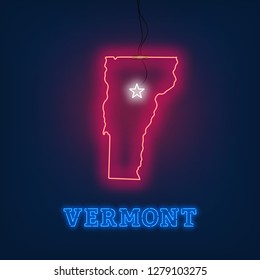 Neon map State of Vermont on dark background.