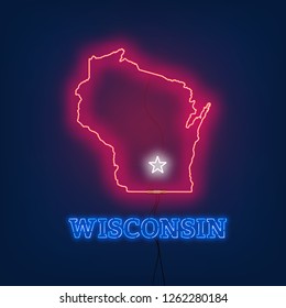 Neon map State of Wisconsin on dark background.