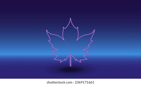 Neon maple leaf symbol on a gradient blue background. The isolated symbol is located in the bottom center. Gradient blue with light blue skyline