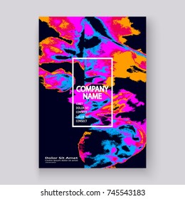 Neon marble texture explosion paint splatter artistic cover frame design. Decorative pink yellow splash spray blue background. Trendy template vector Cover Report Catalog Brochure Flyer Poster Banner