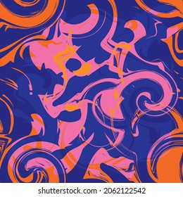 Neon marbling seamless vector pattern background. Psychedelic indigo, orange, pink backdrop with swirling shapes and blends. Scribbled curved elements design. Repeat for celebration, party concept